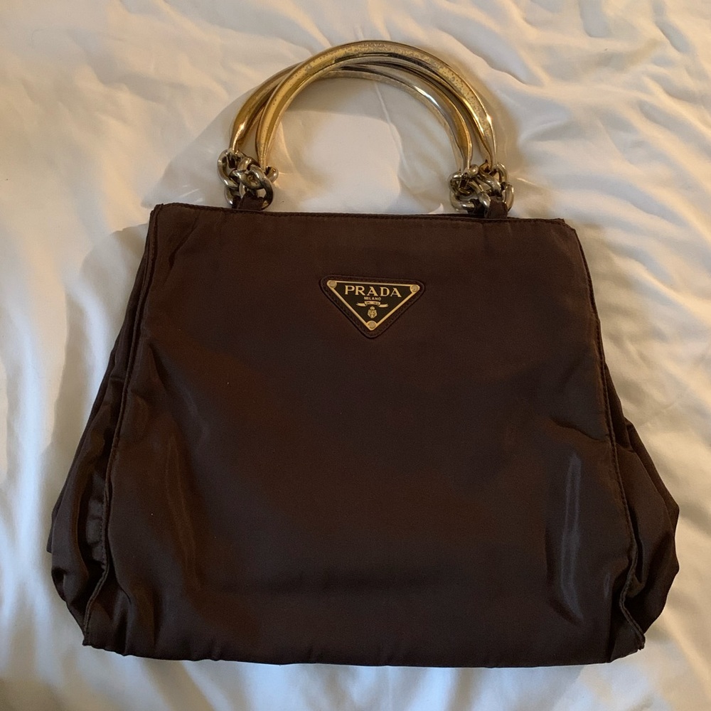 Brown Prada Nylon Handbag with Metal Handles